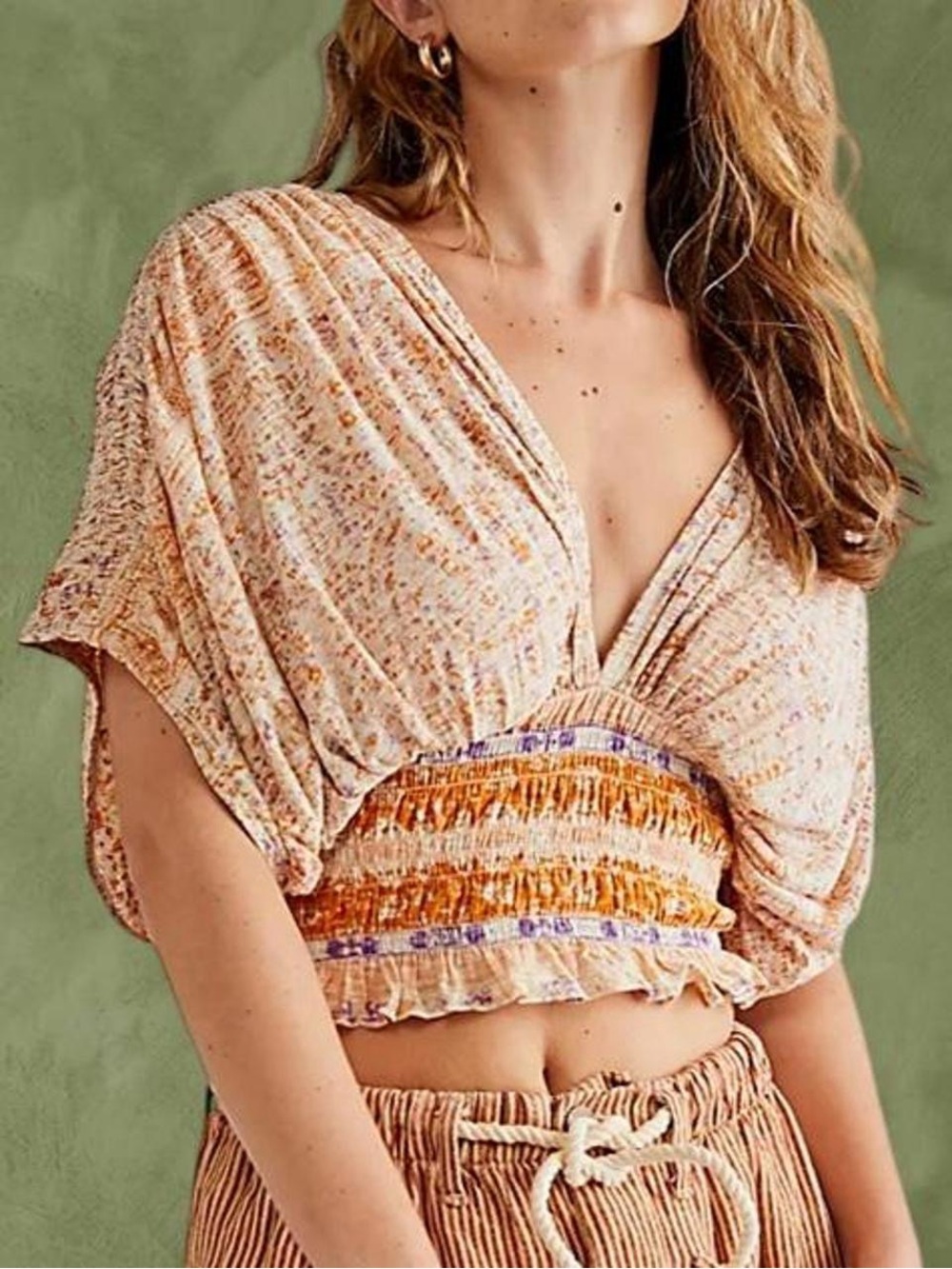 Free People Smocked Ivory & Orange Top